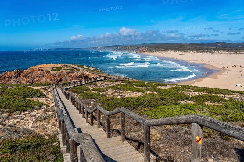 Viewpoint above the beach Praia da Bordeira, near Carrapateira, wooden walkway, rocky coast, steep coast in the south-west of the Algarve, Portugal