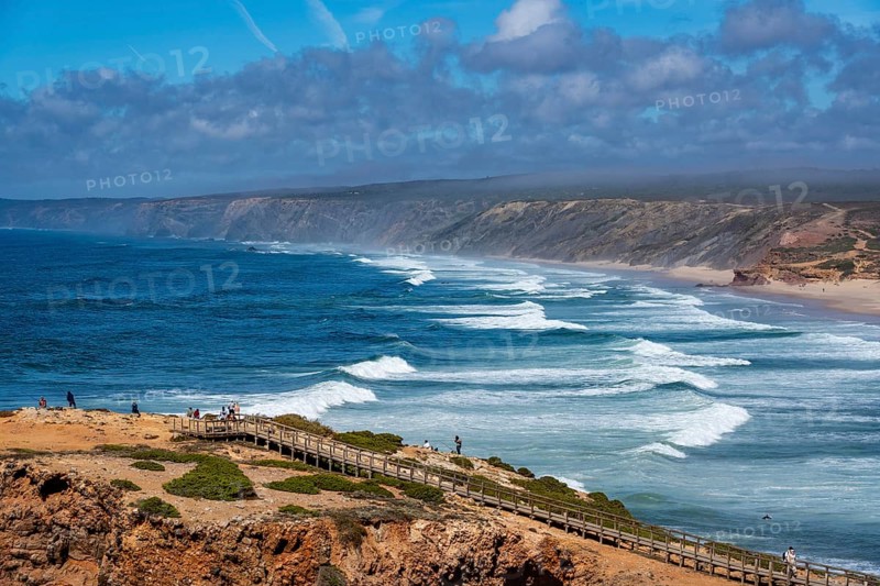 Viewpoint above the beach Praia da Bordeira, near Carrapateira, wooden walkway, rocky coast, steep coast in the south-west of the Algarve, Portugal