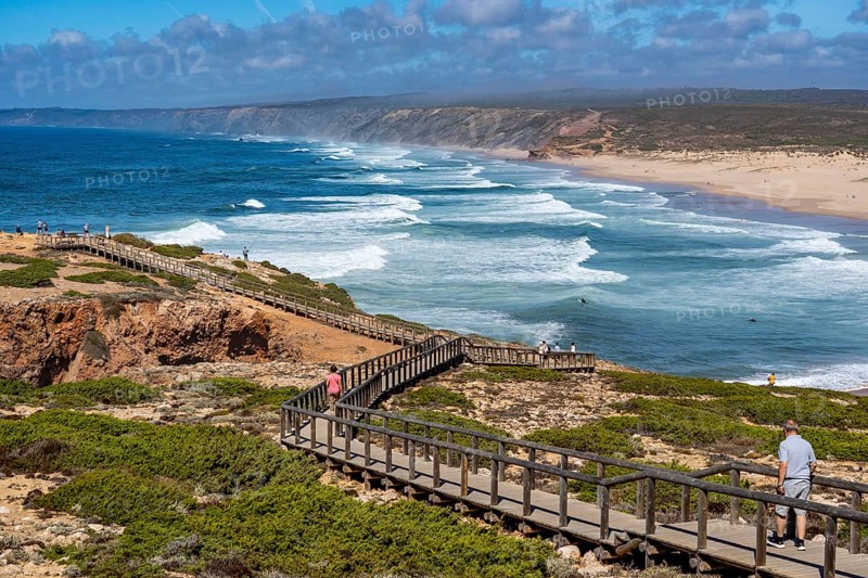 Viewpoint above the beach Praia da Bordeira, near Carrapateira, wooden walkway, rocky coast, steep coast in the south-west of the Algarve, Portugal