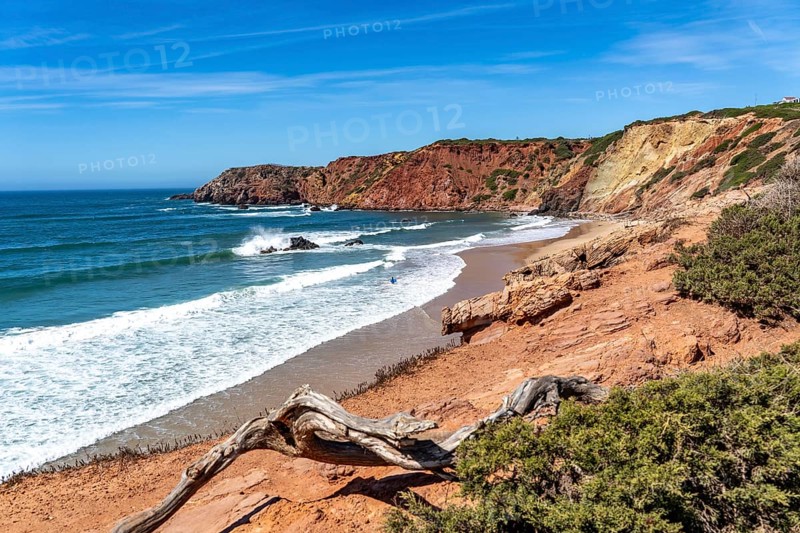 Praia do Amado beach near Carrapateira, popular with surfers, wave riders, rocky coast, steep coast in the south-west of the Algarve, Portugal