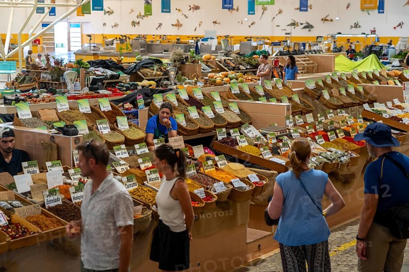 The Mercado Municipal de Tavira, market stalls of all kinds under one roof, spices, vegetables, fruit, in the Algarve, Portugal