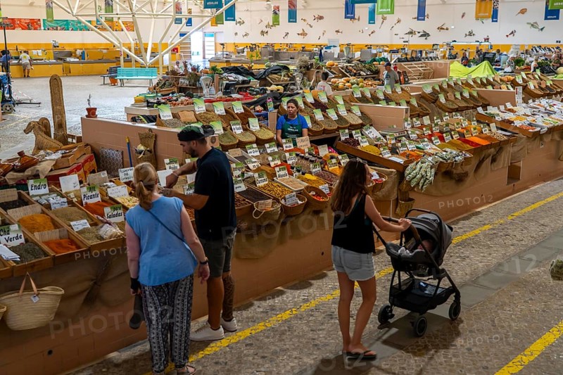 The Mercado Municipal de Tavira, market stalls of all kinds under one roof, spices, vegetables, fruit, in the Algarve, Portugal