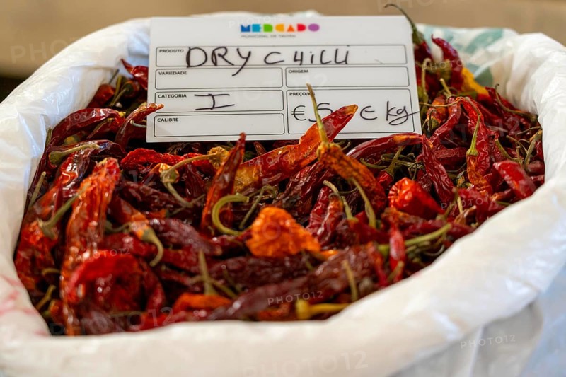 The Mercado Municipal de Tavira, market stalls of all kinds under one roof, spices, chilli peppers, dried, in the Algarve, Portugal