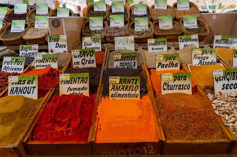 The Mercado Municipal de Tavira, market stalls of all kinds under one roof, spices, vegetables, fruit, in the Algarve, Portugal