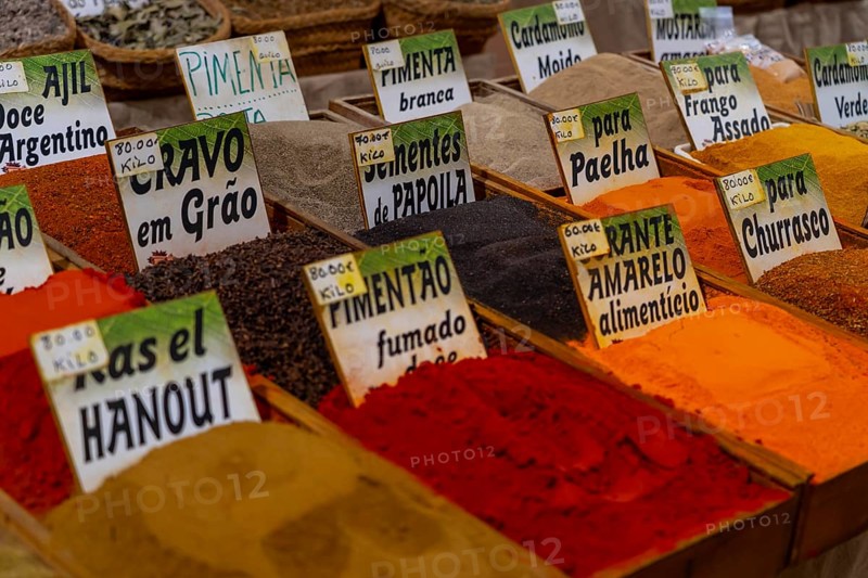 The Mercado Municipal de Tavira, market stalls of all kinds under one roof, spices, vegetables, fruit, in the Algarve, Portugal