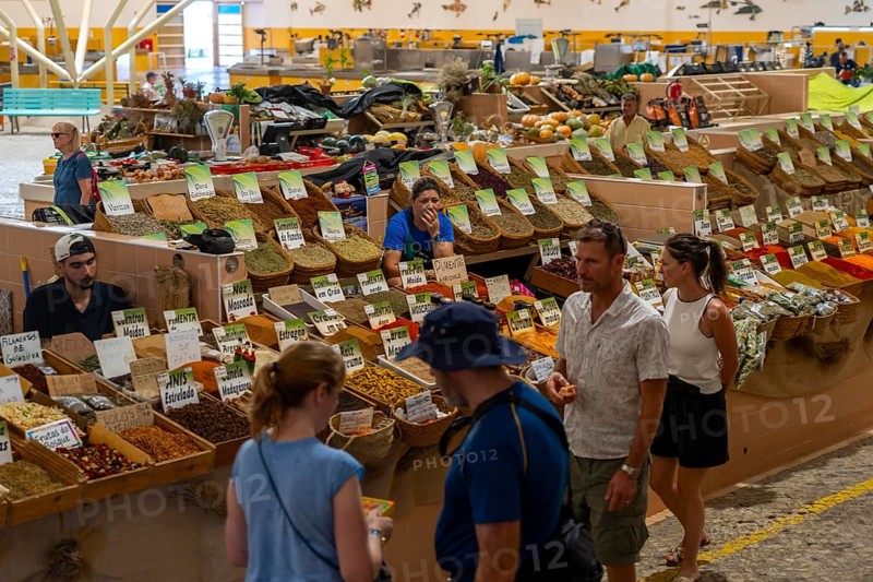 The Mercado Municipal de Tavira, market stalls of all kinds under one roof, spices, vegetables, fruit, in the Algarve, Portugal