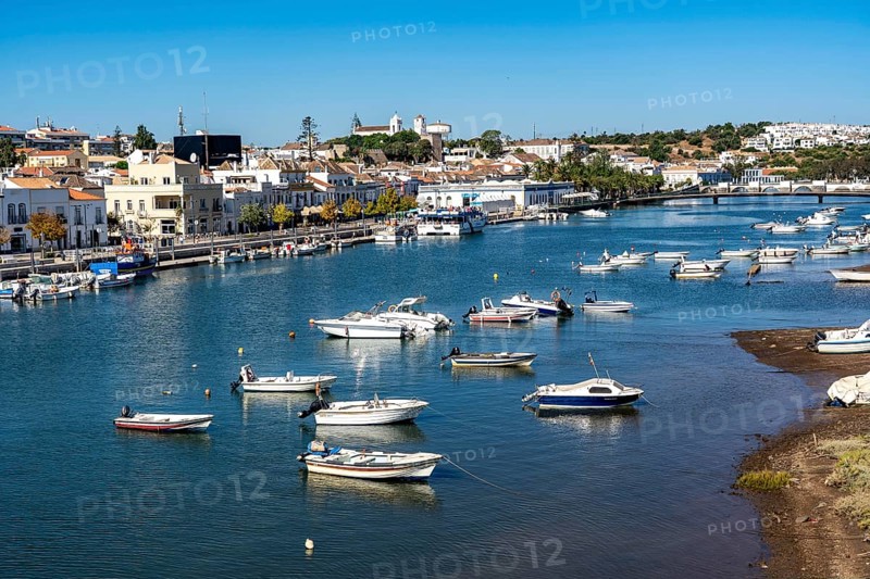 The old town centre of Tavira, on the Gilao river, boats, fishing boats, in the Algarve, Portugal