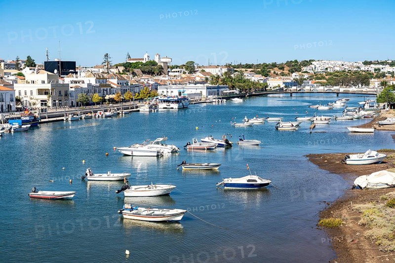The old town centre of Tavira, on the Gilao river, boats, fishing boats, in the Algarve, Portugal