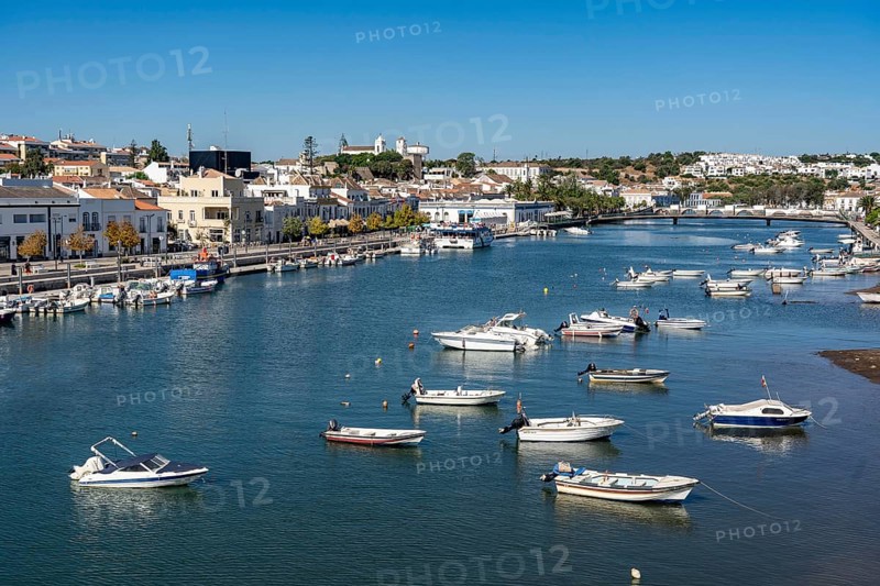 The old town centre of Tavira, on the Gilao river, boats, fishing boats, in the Algarve, Portugal