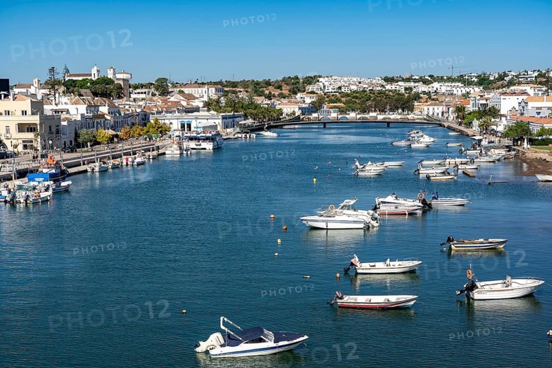 The old town centre of Tavira, on the Gilao river, boats, fishing boats, in the Algarve, Portugal