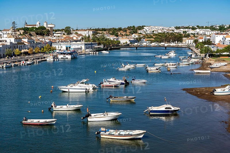 The old town centre of Tavira, on the Gilao river, boats, fishing boats, in the Algarve, Portugal
