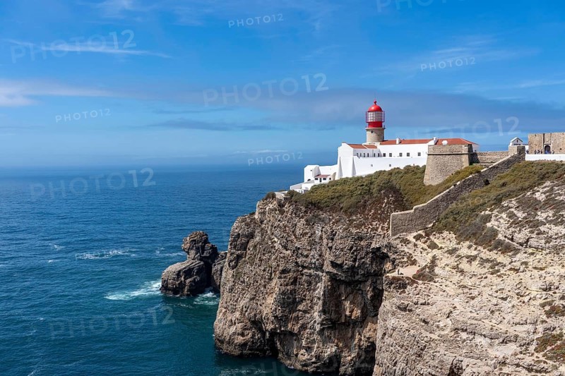 Cabo de São Vicente lighthouse, at the Cape Cabo de São Vicente, south-west tip of the European mainland, rocky coast, steep coast in the south-west of the Algarve, Portugal