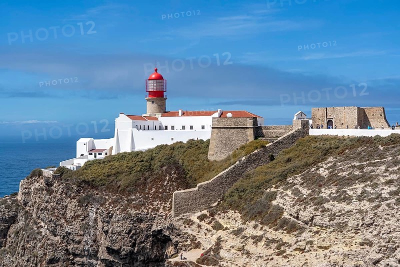 Cabo de São Vicente lighthouse, at the Cape Cabo de São Vicente, south-west tip of the European mainland, rocky coast, steep coast in the south-west of the Algarve, Portugal