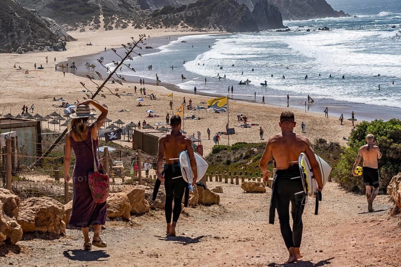 Praia do Amado beach near Carrapateira, popular with surfers, wave riders, rocky coast, steep coast in the south-west of the Algarve, Portugal