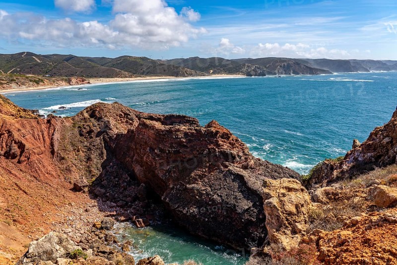 Praia do Amado beach near Carrapateira, popular with surfers, wave riders, rocky coast, steep coast in the south-west of the Algarve, Portugal
