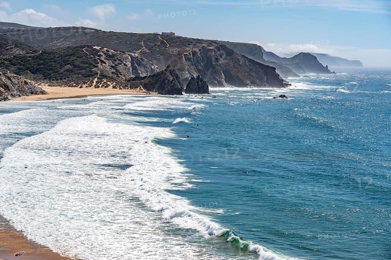 Praia do Amado beach near Carrapateira, popular with surfers, wave riders, rocky coast, steep coast in the south-west of the Algarve, Portugal