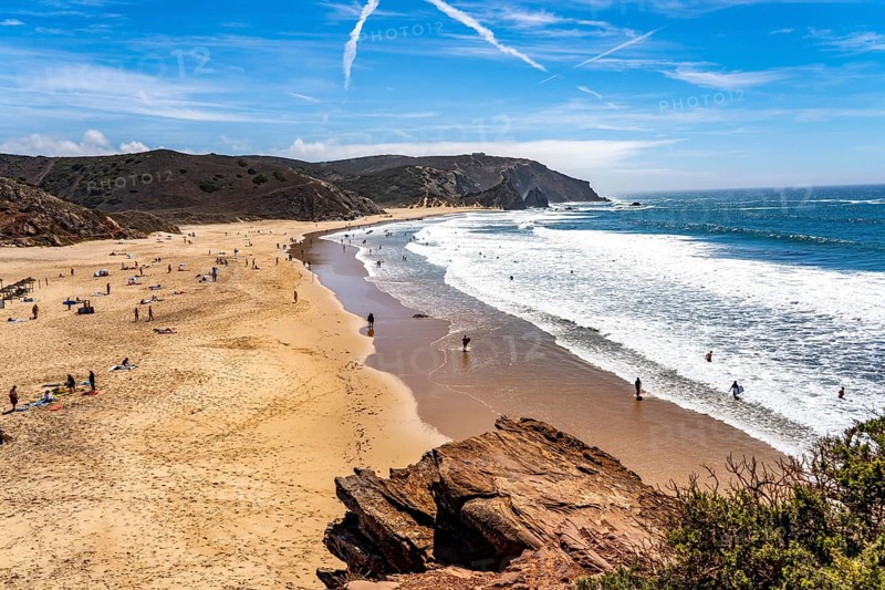 Praia do Amado beach near Carrapateira, popular with surfers, wave riders, rocky coast, steep coast in the south-west of the Algarve, Portugal