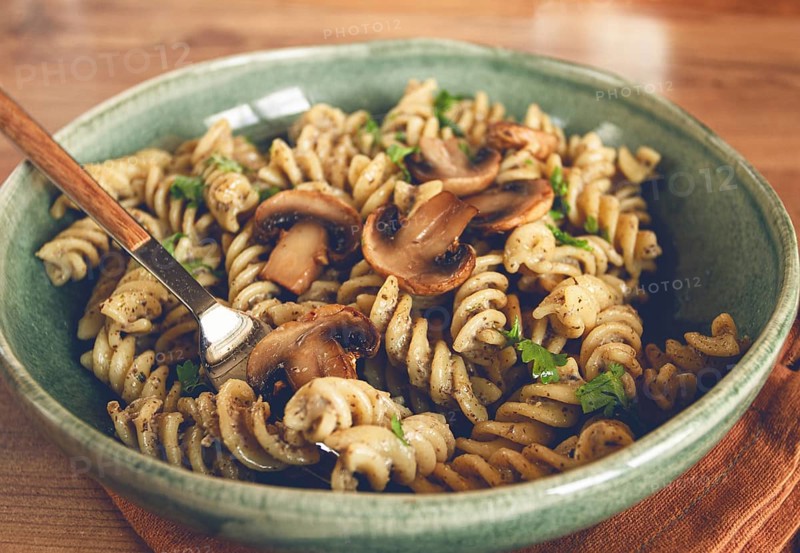 Fusilli pasta, in creamy mushroom sauce, pasta with mushrooms, homemade, no people