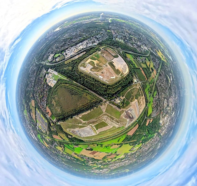 Aerial view, Emscher Hangpark and tailings pile with landfill Wehofen, between river Emscher and motorway A59, earth globe, fisheye image, 360 degree image, tiny world, little planet, fisheye image, Averbruch, Dinslaken, Ruhr area, North Rhine-Westphalia, Germany, construction site, DE, landfill, Europe, fisheye lens, fisheye lens, Little Planet, aerial view, aerial photography, aerial photography, Lower Rhine, super wide angle lens, Tiny World, overview, bird's eye view, globe, birds-eyes view, fisheye lens, insta360 camera, overview