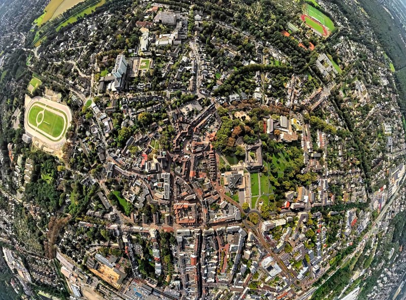 Aerial view, municipal park and castle Dinslaken with town hall, on the left the former harness racing track, globe, fisheye image, 360 degree image, tiny world, little planet, fisheye image, Dinslaken, Ruhr area, North Rhine-Westphalia, Germany, DE, Europe, fisheye lens, fisheye lens, Little Planet, aerial photography, aerial photography, aerial photography, Lower Rhine, super wide angle lens, Tiny World, overview, bird's eye view, globe, birds-eyes view, fisheye lens, insta360 camera, overview