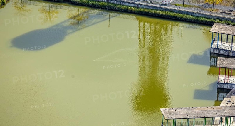 Aerial view, Bergpark Lohberg Kreativquartier, former colliery site and landscaping, Lohberger Weiher with water tower and shadows, Oberlohberg, Dinslaken, Ruhr area, North Rhine-Westphalia, Germany, DE, Europe, Hanseatic city, creative quarter, aerial view, aerial photography, aerial photography, Lower Rhine, tower, overview, bird's eye view, colliery, birds-eyes view, former colliery, overview