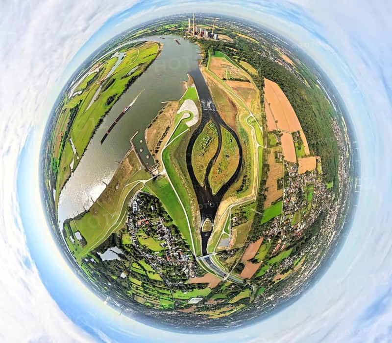 Aerial view, Emscher renaturalisation river Emscher, new Emscher estuary city border Dinslaken/Voerde with Emscher delta and river Rhine, next to it the old Emscher estuary, globe, fisheye image, fisheye image, 360 degree image, tiny world, little planet, fisheye image, Möllen, Voerde, Ruhr area, North Rhine-Westphalia, Germany, DE, Dinslaken, Emscher, Europe, fisheye lens, fisheye lens, river, Little Planet, aerial photography, aerial photography, aerial photography, Lower Rhine, renaturation, super wide angle lens, Tiny World, overview, bird's eye view, globe, birds-eyes view, fisheye lens, insta360 camera, overview