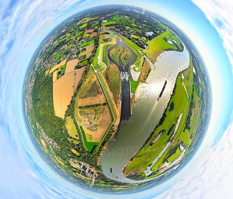 Aerial view, Emscher renaturalisation river Emscher, new Emscher estuary city border Dinslaken/Voerde with Emscher delta and river Rhine, next to it the old Emscher estuary, globe, fisheye image, fisheye image, 360 degree image, tiny world, little planet, fisheye image, Möllen, Voerde, Ruhr area, North Rhine-Westphalia, Germany, DE, Dinslaken, Emscher, Europe, fisheye lens, fisheye lens, river, Little Planet, aerial photography, aerial photography, aerial photography, Lower Rhine, renaturation, super wide angle lens, Tiny World, overview, bird's eye view, globe, birds-eyes view, fisheye lens, insta360 camera, overview