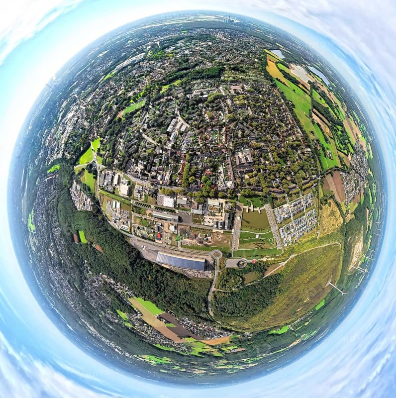 Aerial view, residential area Lohberg district, below Lohberg colliery park with Lohberg pond and winding tower, globe, fisheye image, fisheye image, 360 degree image, tiny world, little planet, fisheye image, Oberlohberg, Dinslaken, Ruhr area, North Rhine-Westphalia, Germany, mine, DE, Europe, fisheye lens, fisheye lens, property tax, real estate, Little Planet, aerial photography, aerial photography, aerial photography, Lower Rhine, super wide angle lens, Tiny World, overview, bird's eye view, globe, housing estate, housing and living, residential area, quality of living, residential neighbourhood, housing estate, residential area, colliery, birds-eyes view, fisheye lens, insta360 camera, overview