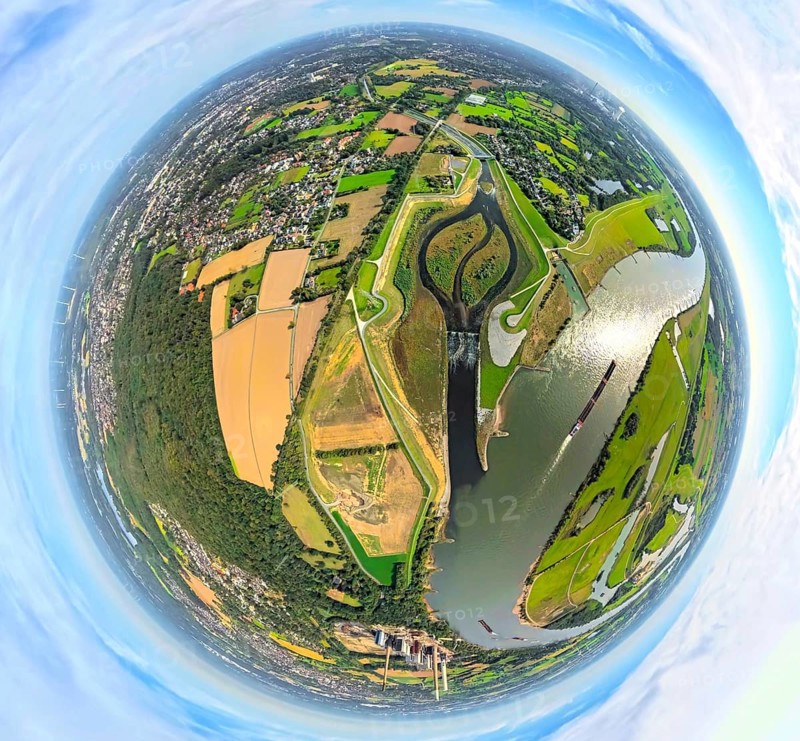 Aerial view, Emscher renaturalisation river Emscher, new Emscher estuary city border Dinslaken/Voerde with Emscher delta and river Rhine, next to it the old Emscher estuary, globe, fisheye image, fisheye image, 360 degree image, tiny world, little planet, fisheye image, Möllen, Voerde, Ruhr area, North Rhine-Westphalia, Germany, DE, Dinslaken, Emscher, Europe, fisheye lens, fisheye lens, river, Little Planet, aerial photography, aerial photography, aerial photography, Lower Rhine, renaturation, super wide angle lens, Tiny World, overview, bird's eye view, globe, birds-eyes view, fisheye lens, insta360 camera, overview