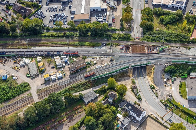 Aerial view, bridge construction site federal road B8 Weseler Straße at the track junction, Dinslaken, Ruhr area, North Rhine-Westphalia, Germany, railway tracks, railway line, construction work, construction area, construction site, building plots, construction project, construction site, DE, Deutsche Bahn AG, Europe, Hanseatic city, aerial view, aerial photography, aerial photography, new construction, Lower Rhine, renovation, refurbishment, overview, bird's eye view, bird's eye view, overview