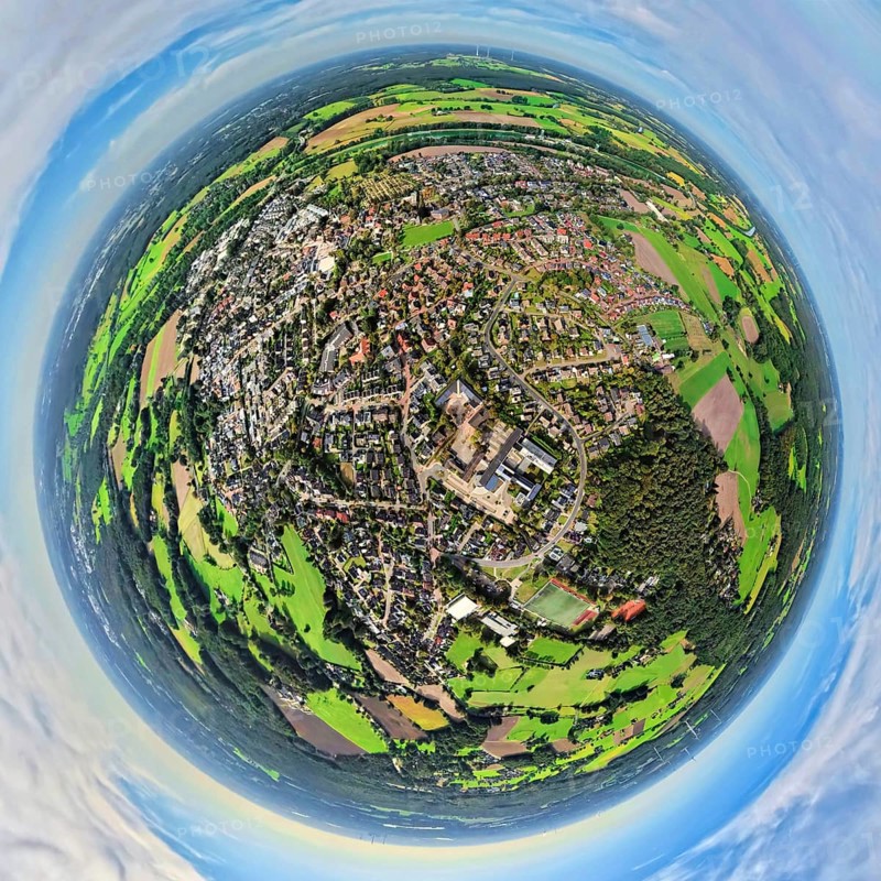 Aerial view, city centre view with comprehensive school Hünxe, globe, fisheye image, 360 degree image, tiny world, little planet, fisheye image, Hünxe, Ruhr area, North Rhine-Westphalia, Germany, education, educational institution, DE, Europe, fisheye lens, fisheye lens, comprehensive school, property tax, real estate, educational institute, Little Planet, aerial photography, aerial photography, aerial photography, Lower Rhine, school, super wide-angle lens, Tiny World, overview, bird's-eye view, globe, housing estate, housing and living, residential area, quality of living, residential neighbourhood, housing estate, residential area, birds-eyes view, fisheye lens, insta360 camera, overview