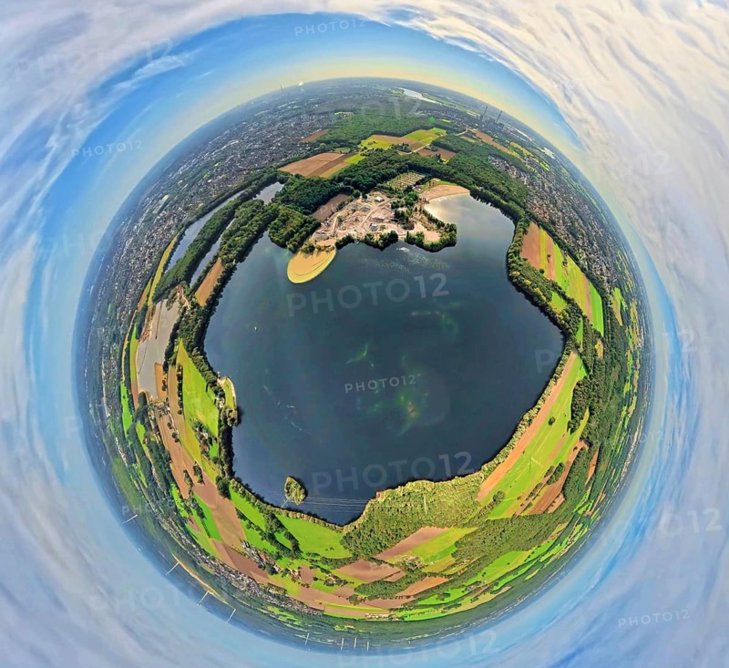 Aerial view, Tenderingssee and lido, globe, fisheye image, fisheye image, 360 degree image, tiny world, little planet, fisheye image, Bruckhausen, Hünxe, Ruhr area, North Rhine-Westphalia, Germany, DE, Europe, fisheye lens, fisheye lens, outdoor pool, Little Planet, aerial photography, aerial photography, aerial photography, Lower Rhine, lake, super wide angle lens, Tiny World, overview, bird's eye view, globe, birds-eyes view, fisheye lens, insta360 camera, overview