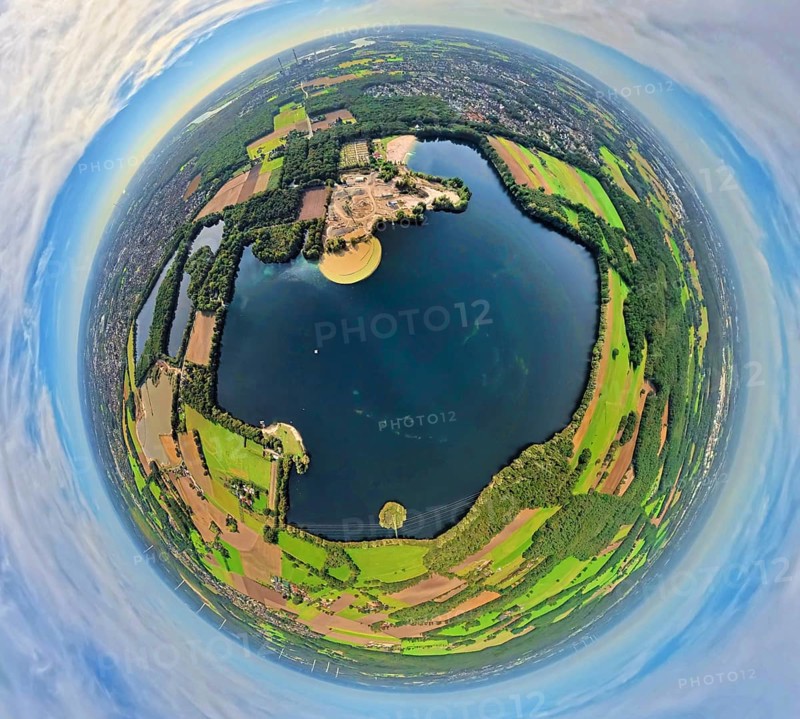 Aerial view, Tenderingssee and lido, globe, fisheye image, fisheye image, 360 degree image, tiny world, little planet, fisheye image, Bruckhausen, Hünxe, Ruhr area, North Rhine-Westphalia, Germany, DE, Europe, fisheye lens, fisheye lens, outdoor pool, Little Planet, aerial photography, aerial photography, aerial photography, Lower Rhine, lake, super wide angle lens, Tiny World, overview, bird's eye view, globe, birds-eyes view, fisheye lens, insta360 camera, overview