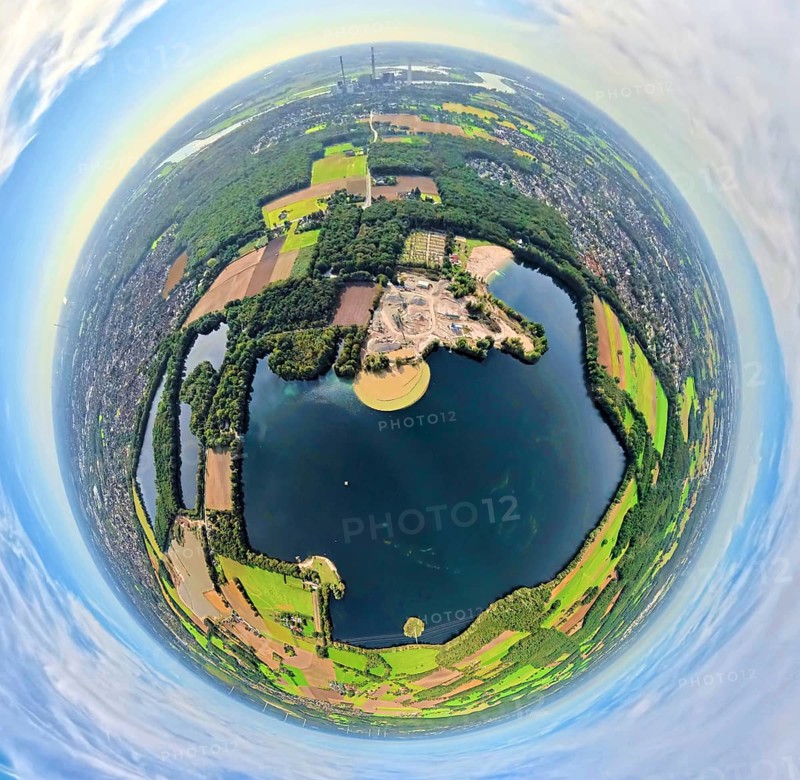 Aerial view, Tenderingssee and lido, globe, fisheye image, fisheye image, 360 degree image, tiny world, little planet, fisheye image, Bruckhausen, Hünxe, Ruhr area, North Rhine-Westphalia, Germany, DE, Europe, fisheye lens, fisheye lens, outdoor pool, Little Planet, aerial photography, aerial photography, aerial photography, Lower Rhine, lake, super wide angle lens, Tiny World, overview, bird's eye view, globe, birds-eyes view, fisheye lens, insta360 camera, overview