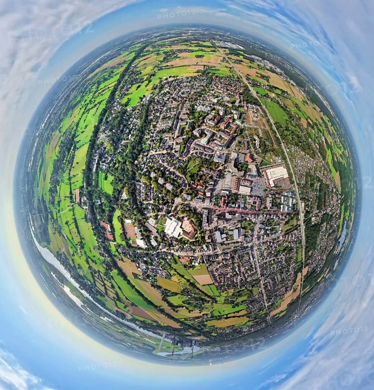 Aerial view, city centre view with town hall and town hall square, Voerde school centre, earth globe, fisheye image, fisheye image, 360 degree image, tiny world, little planet, fisheye image, Voerde, Ruhr area, North Rhine-Westphalia, Germany, authority, education, educational institution, DE, Europe, fisheye lens, fisheye lens, educational institute, Little Planet, aerial photography, aerial photography, Lower Rhine, town hall, school, super wide angle lens, Tiny World, overview, bird's eye view, globe, birds-eyes view, fisheye lens, insta360 camera, overview