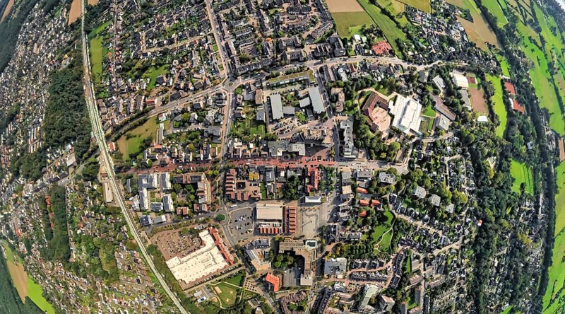 Aerial view, city centre view with town hall and town hall square, Voerde school centre, earth globe, fisheye image, fisheye image, 360 degree image, tiny world, little planet, fisheye image, Voerde, Ruhr area, North Rhine-Westphalia, Germany, authority, education, educational institution, DE, Europe, fisheye lens, fisheye lens, educational institute, Little Planet, aerial photography, aerial photography, Lower Rhine, town hall, school, super wide angle lens, Tiny World, overview, bird's eye view, globe, birds-eyes view, fisheye lens, insta360 camera, overview
