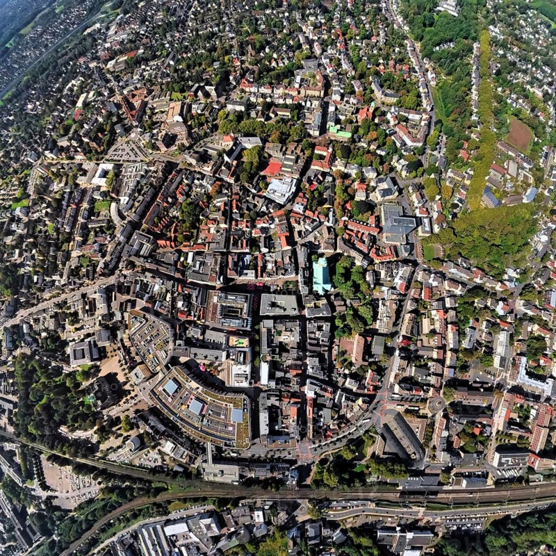 Aerial view, old town and old town ring Herzogswall, Kurfürstenwall, Grafenwall, Kaiserwall and Königswall, in the centre the catholic Probsteikirche St. Peter, earth globe, fisheye image, fisheye image, 360 degree image, tiny world, little planet, fisheye image, city centre, Recklinghausen, Ruhr area, North Rhine-Westphalia, Germany, place of worship, DE, Europe, fisheye lens, fisheye lens, religious community, place of worship, property tax, holy place, real estate, church, parish, denomination, Little Planet, aerial view, aerial photography, aerial photography, religion, religious site, super wide-angle lens, Tiny World, overview, bird's-eye view, globe, residential complex, living and life, residential area, quality of life, residential neighbourhood, housing estate, residential district, birds-eyes view, fisheye lens, insta360 camera, overview
