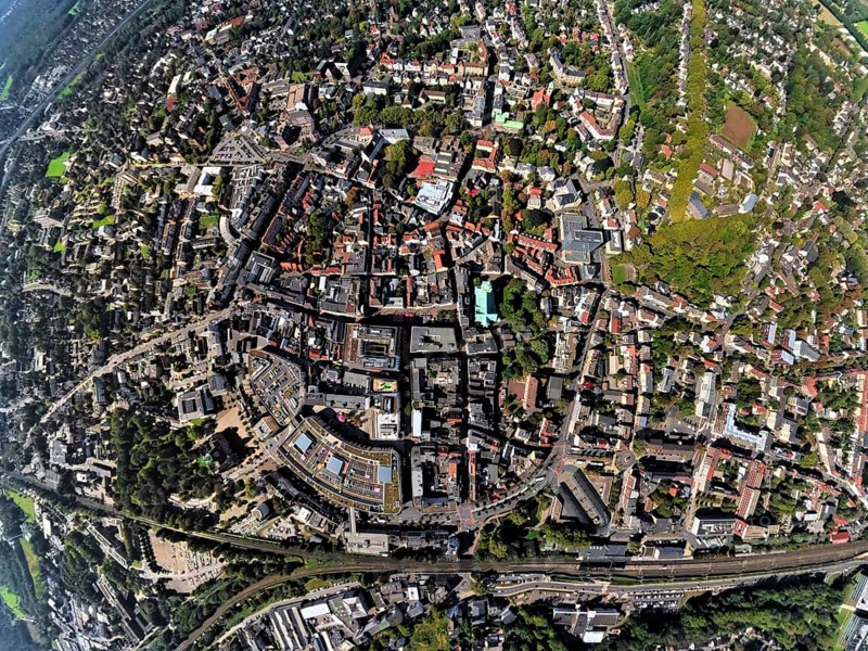 Aerial view, old town and old town ring Herzogswall, Kurfürstenwall, Grafenwall, Kaiserwall and Königswall, in the centre the catholic Probsteikirche St. Peter, earth globe, fisheye image, fisheye image, 360 degree image, tiny world, little planet, fisheye image, city centre, Recklinghausen, Ruhr area, North Rhine-Westphalia, Germany, place of worship, DE, Europe, fisheye lens, fisheye lens, religious community, place of worship, property tax, holy place, real estate, church, parish, denomination, Little Planet, aerial view, aerial photography, aerial photography, religion, religious site, super wide-angle lens, Tiny World, overview, bird's-eye view, globe, residential complex, living and life, residential area, quality of life, residential neighbourhood, housing estate, residential district, birds-eyes view, fisheye lens, insta360 camera, overview
