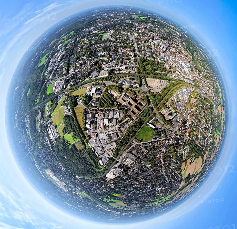 Aerial view, town hall district administration Recklinghausen and fire station, industrial area Hubertusstraße, surrounded by railway tracks, globe, fisheye image, fisheye image, 360 degree image, tiny world, little planet, fisheye image, Hillen, Recklinghausen, Ruhr area, North Rhine-Westphalia, Germany, DE, Europe, fisheye lens, fisheye lens, Little Planet, aerial view, aerial photography, aerial photography, super wide angle lens, Tiny World, overview, bird's eye view, globe, birds-eyes view, fisheye lens, insta360 camera, overview