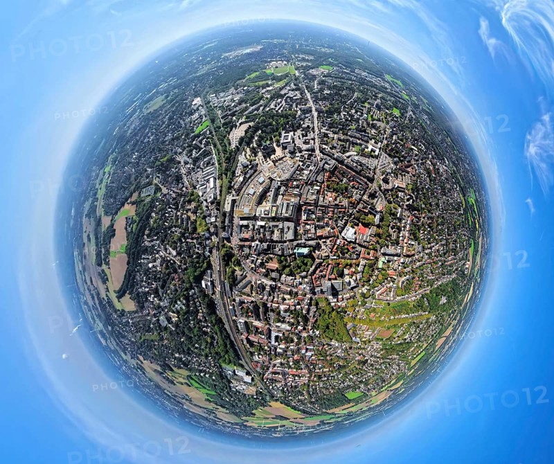 Aerial view, old town and old town ring Herzogswall, Kurfürstenwall, Grafenwall, Kaiserwall and Königswall, in the centre the catholic Probsteikirche St. Peter, earth globe, fisheye image, fisheye image, 360 degree image, tiny world, little planet, fisheye image, city centre, Recklinghausen, Ruhr area, North Rhine-Westphalia, Germany, place of worship, DE, Europe, fisheye lens, fisheye lens, religious community, place of worship, property tax, holy place, real estate, church, parish, denomination, Little Planet, aerial view, aerial photography, aerial photography, religion, religious site, super wide-angle lens, Tiny World, overview, bird's-eye view, globe, residential complex, living and life, residential area, quality of life, residential neighbourhood, housing estate, residential district, birds-eyes view, fisheye lens, insta360 camera, overview