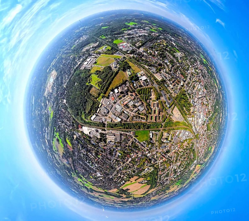Aerial view, town hall district administration Recklinghausen and fire station, industrial area Hubertusstraße, surrounded by railway tracks, globe, fisheye image, fisheye image, 360 degree image, tiny world, little planet, fisheye image, Hillen, Recklinghausen, Ruhr area, North Rhine-Westphalia, Germany, DE, Europe, fisheye lens, fisheye lens, Little Planet, aerial view, aerial photography, aerial photography, super wide angle lens, Tiny World, overview, bird's eye view, globe, birds-eyes view, fisheye lens, insta360 camera, overview