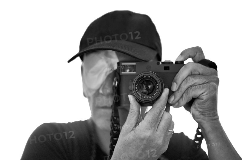 Portrait, self-portrait, selfie, photographer with eye bandage, eye injury, bandage on eye, looking through camera, viewfinder camera, photographed, Leica M11 Monochrom, black and white, Stuttgart, Baden-Württemberg, Germany