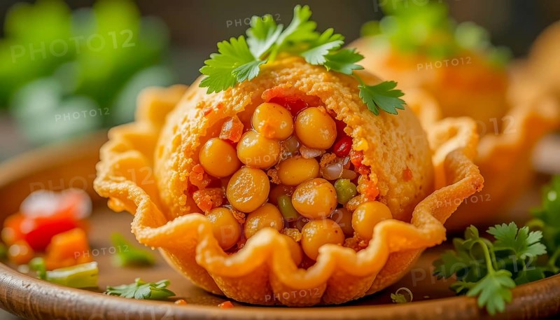 A vibrant image showcases a close-up of a crispy puri filled with chickpeas and vegetables, a popular Indian street food, AI generated