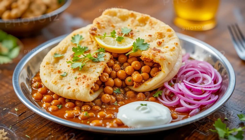 A vibrant image of Chole Bhature, a popular Indian dish, featuring fluffy bhature bread filled with chickpeas, served with onions and yogurt, AI generated