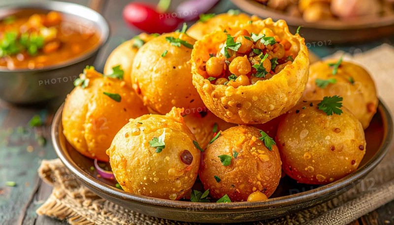 A close-up shot showcases a plate of Pani Puri, a popular Indian street food, filled with chickpeas and served with a side of soup, AI generated