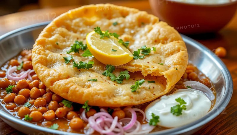 A close-up shot showcases a plate of Chole Bhature, a popular North Indian dish, with chickpeas, fried bread, and yogurt, AI generated