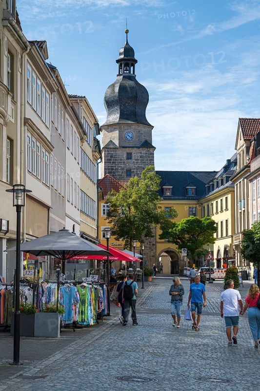 Pedestrian zone, stony path, Spitaltor, historic town gate, Coburg, Upper Franconia, Franconia, Bavaria, Germany