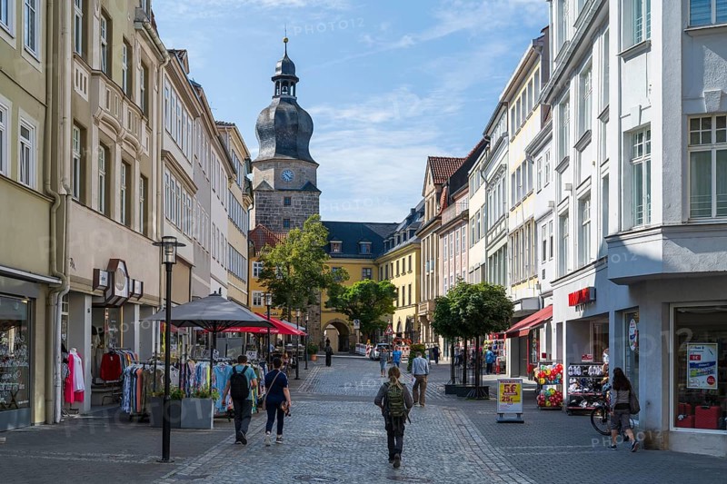 Pedestrian zone, stony path, Spitaltor, historic town gate, Coburg, Upper Franconia, Franconia, Bavaria, Germany