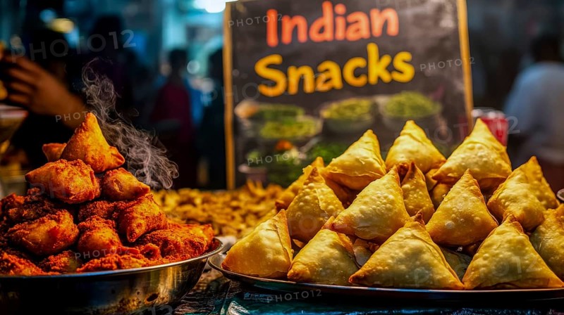 A vibrant image showcasing a street food stall in India, featuring a variety of delicious snacks, including samosas and other fried treats, AI generated