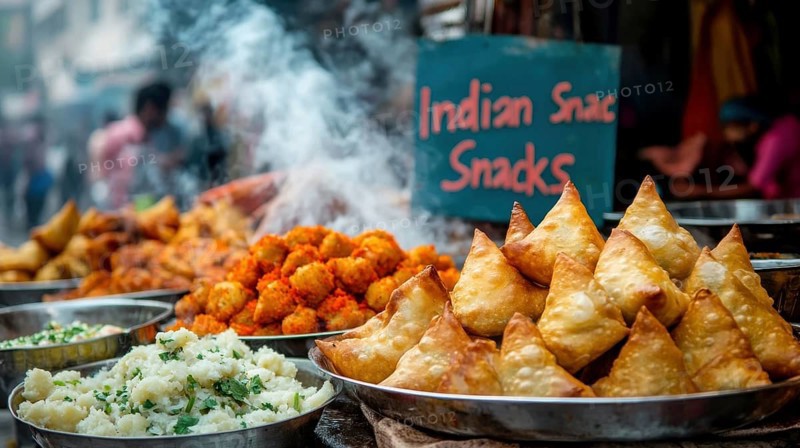 A vibrant street food stall offers a variety of Indian snacks, including golden samosas and other savory treats, with steam rising, AI generated